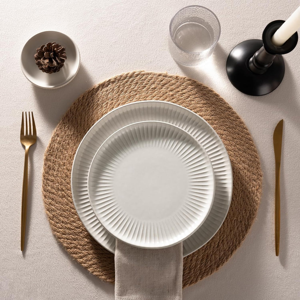 Famiware Starlight 18-Piece Plates and Bowls Sets for 6, Stoneware Dinnerware with Ribbed Textured, Handcrafted Reactive Glaze Dishes - Dishwasher & Microwave Safe, Chip/Scratch Resistant, Matte White