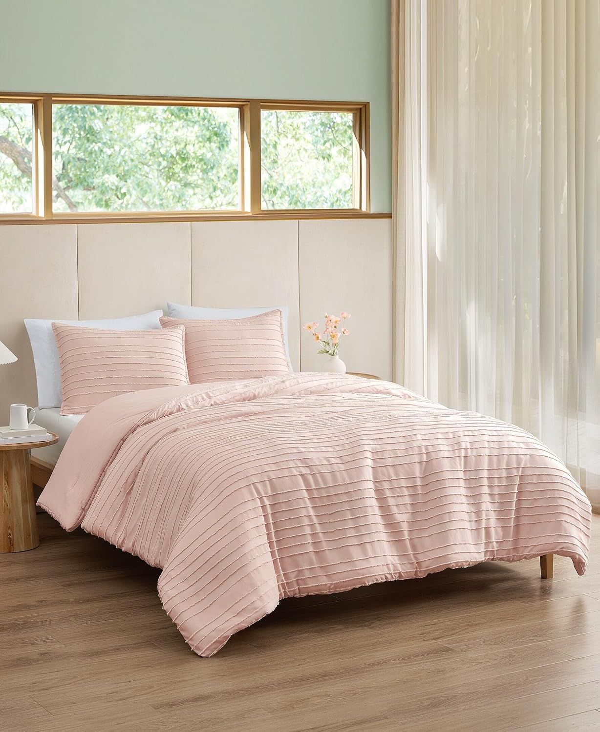 UGG Textured King Comforter Set - 3 Piece Striped Reversible Queen Bedding Set with Pillow Shams, Stylish Soft & Luxurious Light Pink Bed Set for Home & Bedroom (King)