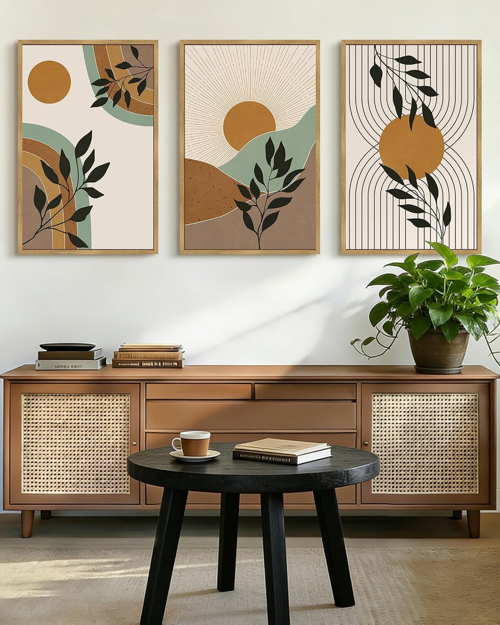 PHOPAGO Boho Wall Art Sage Plant Botanical Framed Wall Printing Large 24x36in Minimalist Bohemain Abstract Canvas Prints with Leaf & Sun Lines - Natural Framed