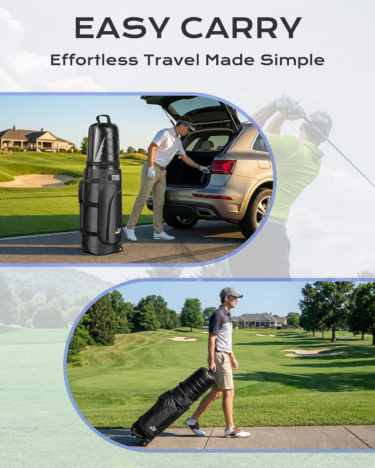 Golf Travel Bag for Airlines, ABS Hard Shell Top, 1680D Oxford Cloth, 4 Side Pockets, Two 4 Inch Wheels, Lockable Zippers, Foldable Club Travel Case