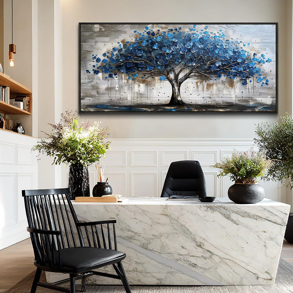 Lapremoly Framed Wall Art For Living Room Tree of Life Canvas Prints Extra Large Wall Decorations Blue Artwork For Walls Forest Pictures Abstract Paintings for Bedroom Office Modern Home Decor 32X72