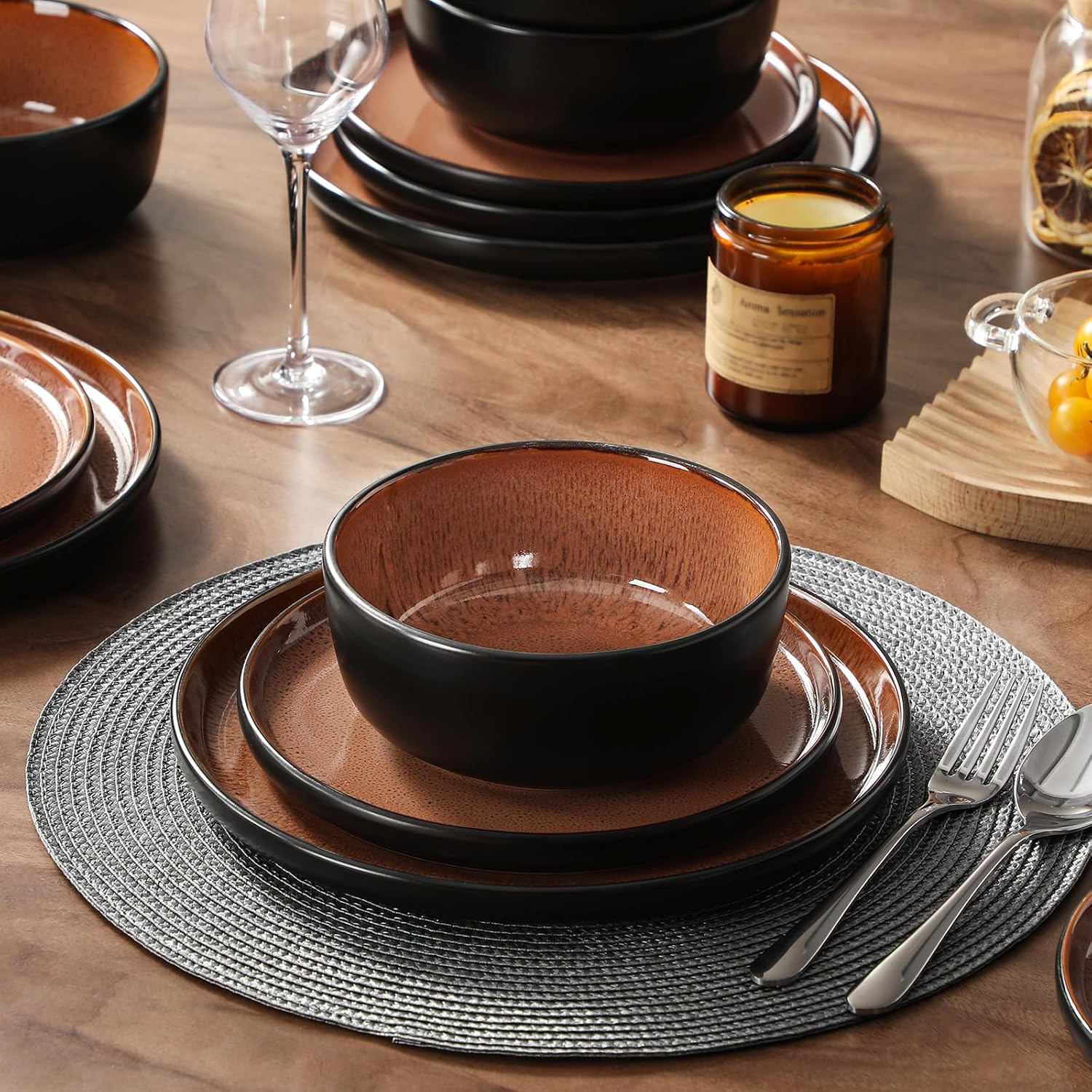 vancasso Plates and Bowls Sets, 24 Pieces Stoneware Dinnerware Sets for 8, Kitchen Dish Set Mircowave and Dishwasher Safe Ceramic Dishware, Dark Brown, Series AMBER