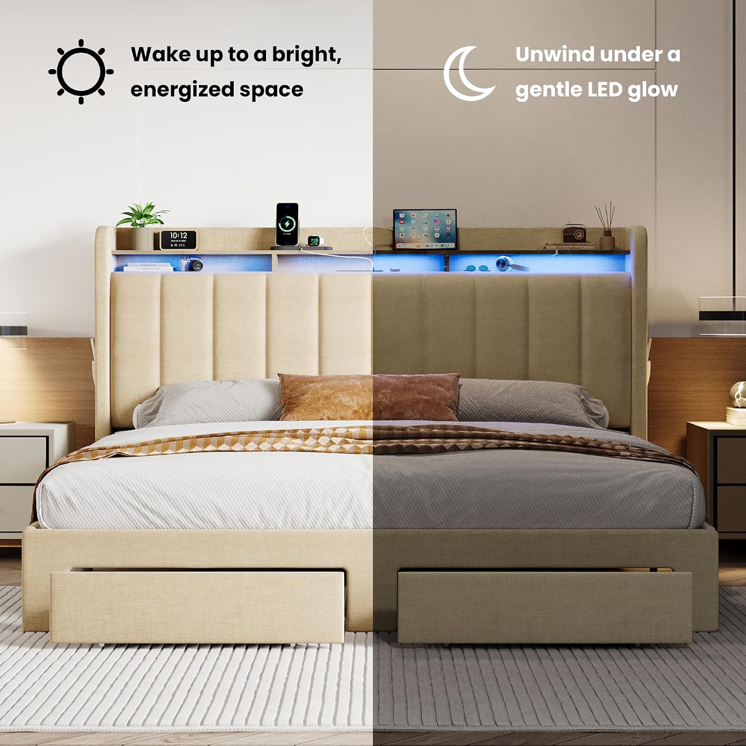 SHA CERLIN King Size Platform Bed Frame with Vertical Channel Tufted Wingback Headboard & 2 Storage Drawers/2-Tier Shelves with LED Lights & Charging Station/Noise-Free/No Box Spring Needed/Beige