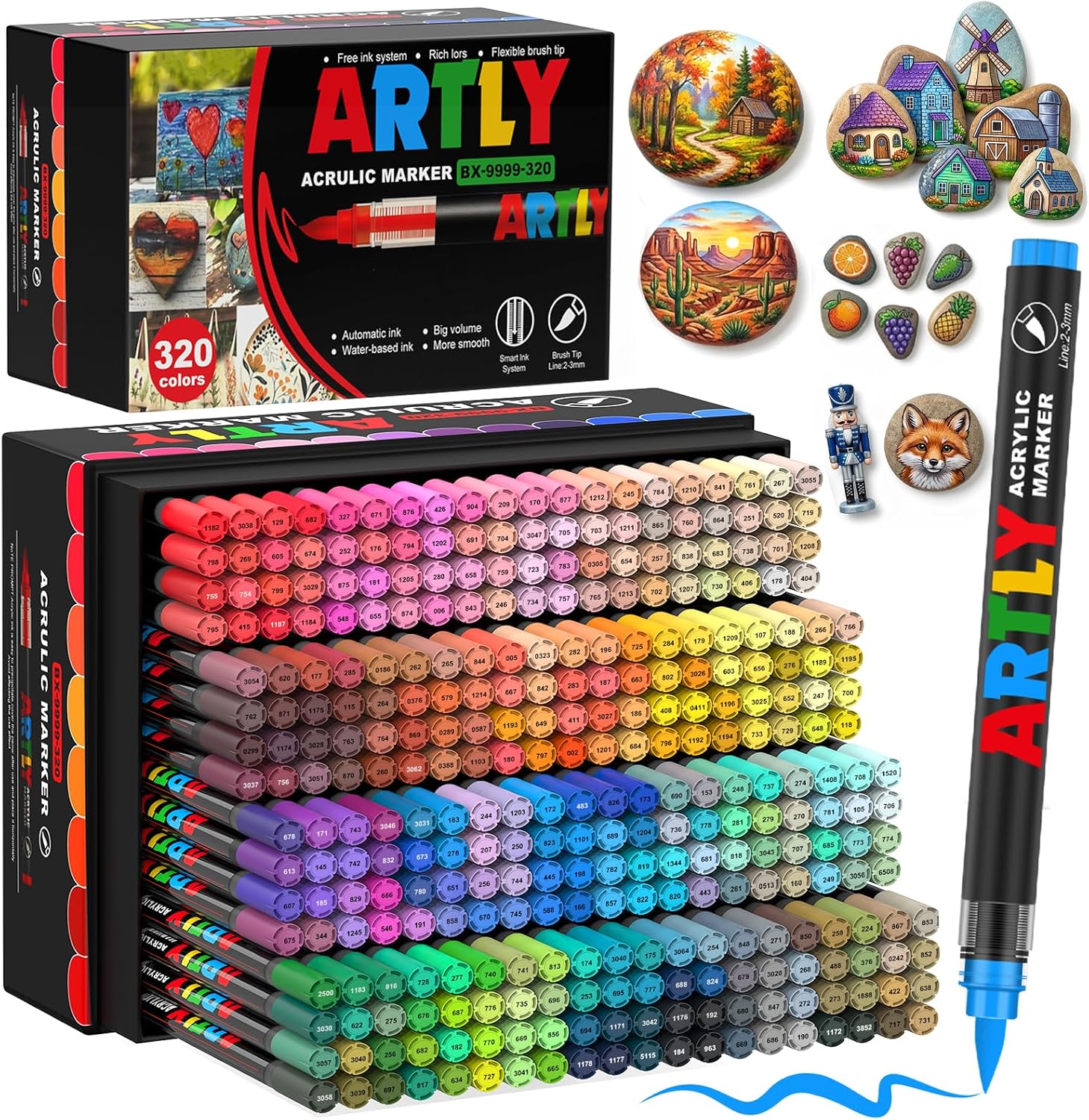 320 Colors Soft Brush Tip Acrylic Markers Set, Paint Pens for Rock, Wood, Fabric, Canvas, Glass, DIY Crafts, Waterproof Paint Markers, Vibrant Acrylic Pens for Artists and Art Projects