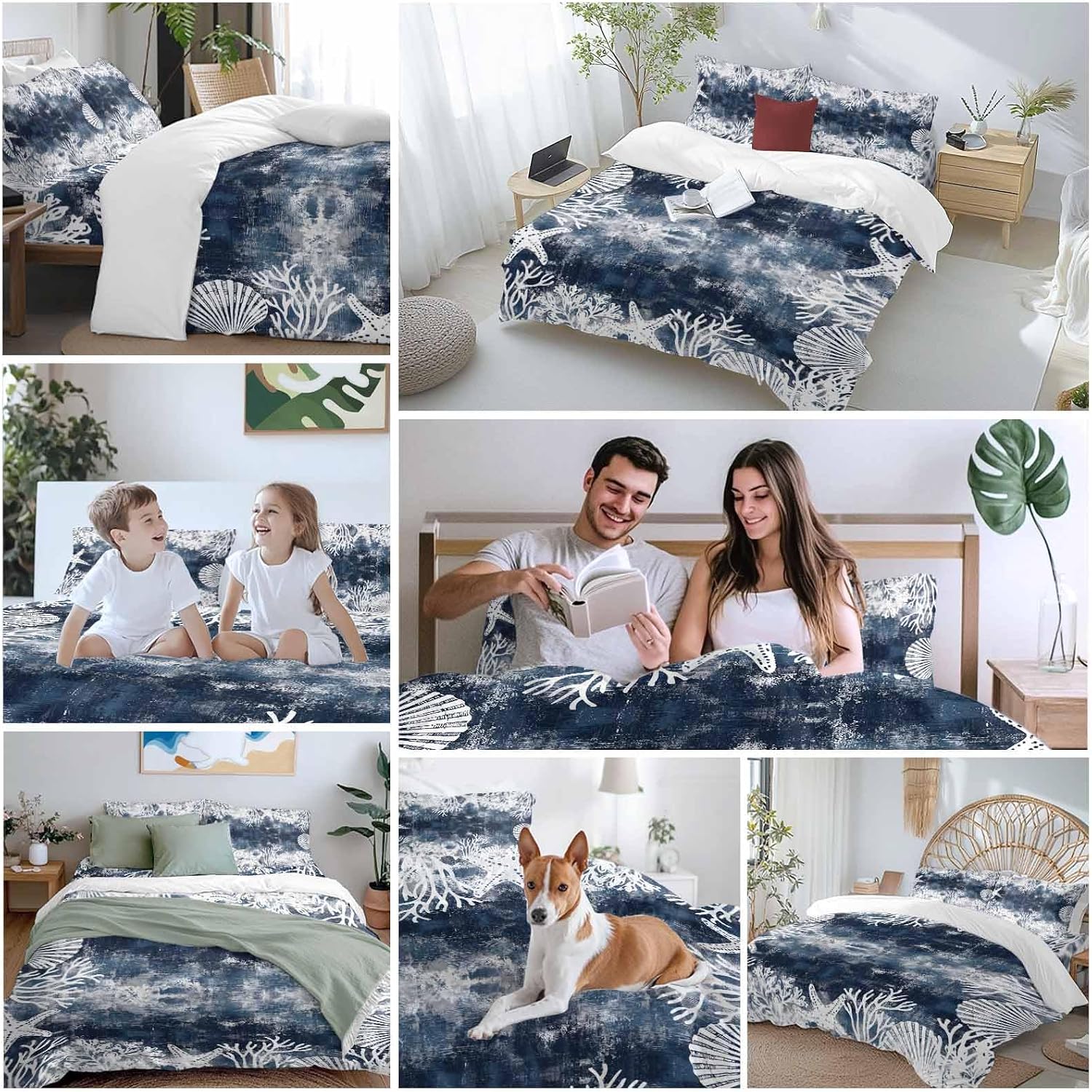 Vintage Blue Ocean Duvet Cover Set Queen Size 4 Pieces Country Nautical Coastal Sea Starfish Shell Coral Bedding Set with Zipper Closure, 1 Comforter Cover 90x92 Inches 1 Flat Sheet & 2 Pillow Cases