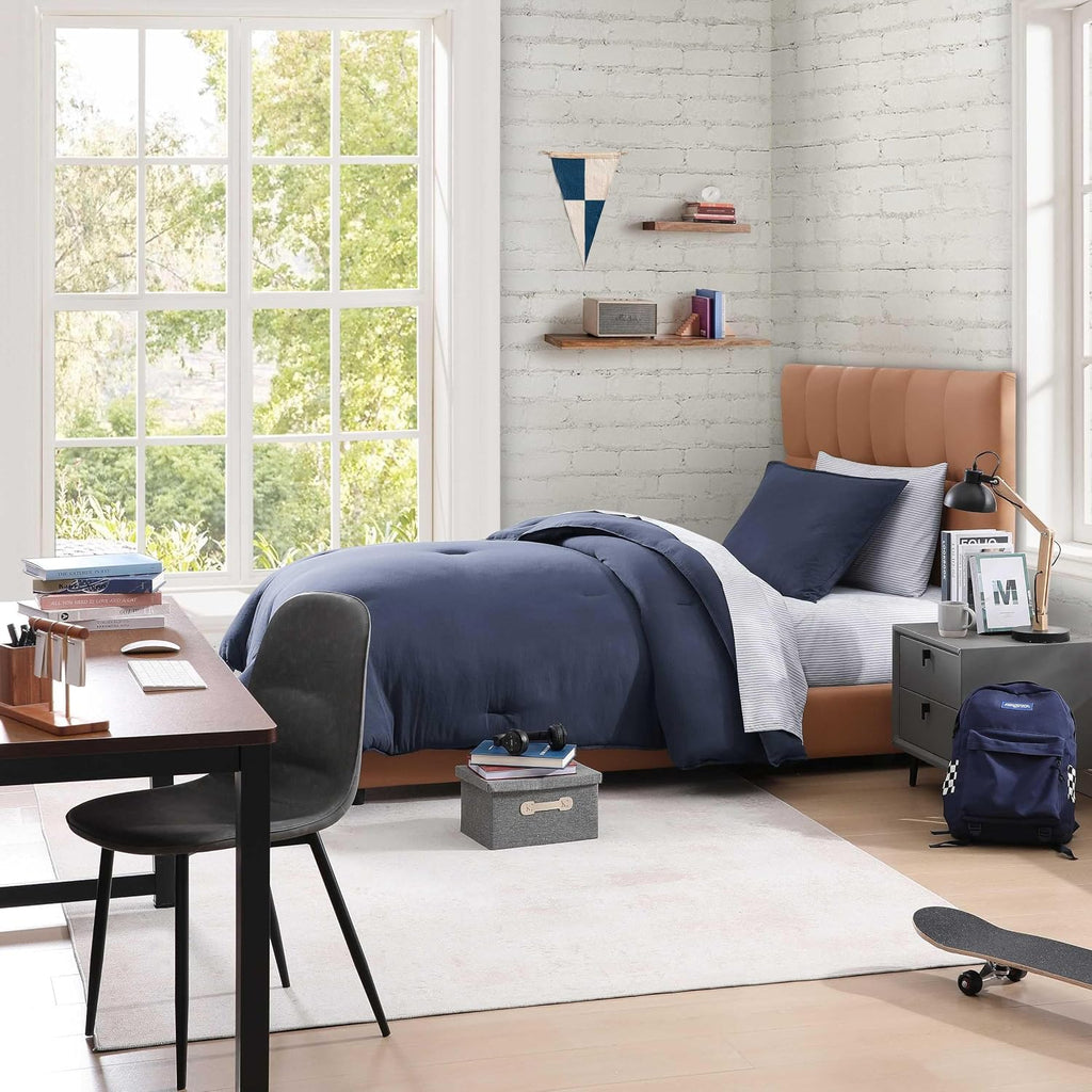 Tommy Hilfiger - Twin/Twin XL Bedding Set, Soft 5 Piece Comforter Set w/Matching Bed Sheets & Pillowcases, Medium Weight for Year Round Comfort (Solid Microfiber Blue)