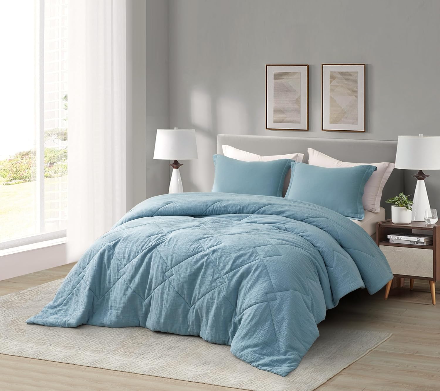 Chezmoi Collection Skye 3-Piece 100% Cotton Muslin Thin Comforter Set Oversized King, Lake Blue Reversible Soft Washed Cotton Gauze Breathable Lightweight Comforter, 130GSM Fill Summer Blanket
