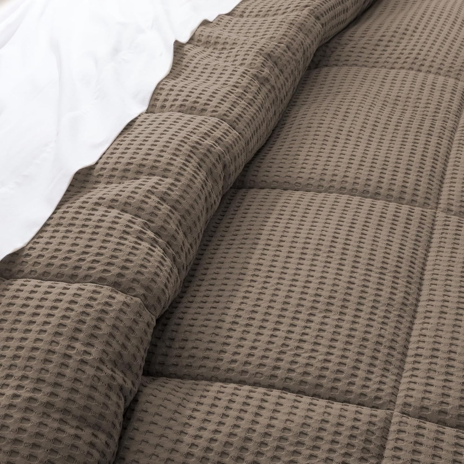 Levtex Home Mills Waffle Full/Queen Comforter Set (90x94in) with 2 Pillow Shams (26x20in) - Latte - 100% Cotton Full/Queen Size Comforter Set - Soft, Pre-Washed