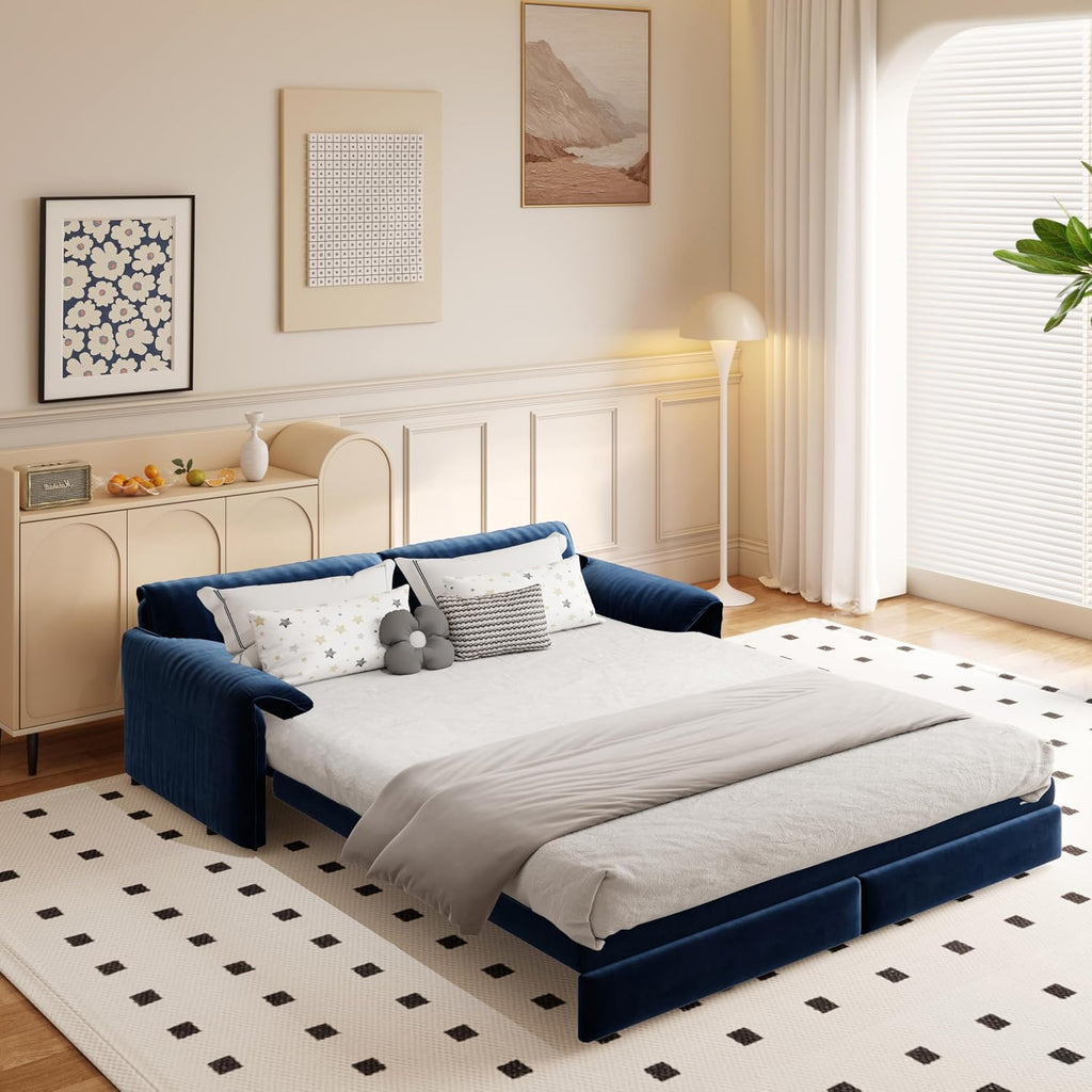 WILLIAMSPACE 66' Queen Pull Out Sofa Bed, 3-in-1 Velvet Convertible Sleeper Sofa Couch with Side Storage, Multi-Functional Loveseat Bed Pull Out Couch for Living Room, Apartment (Blue)