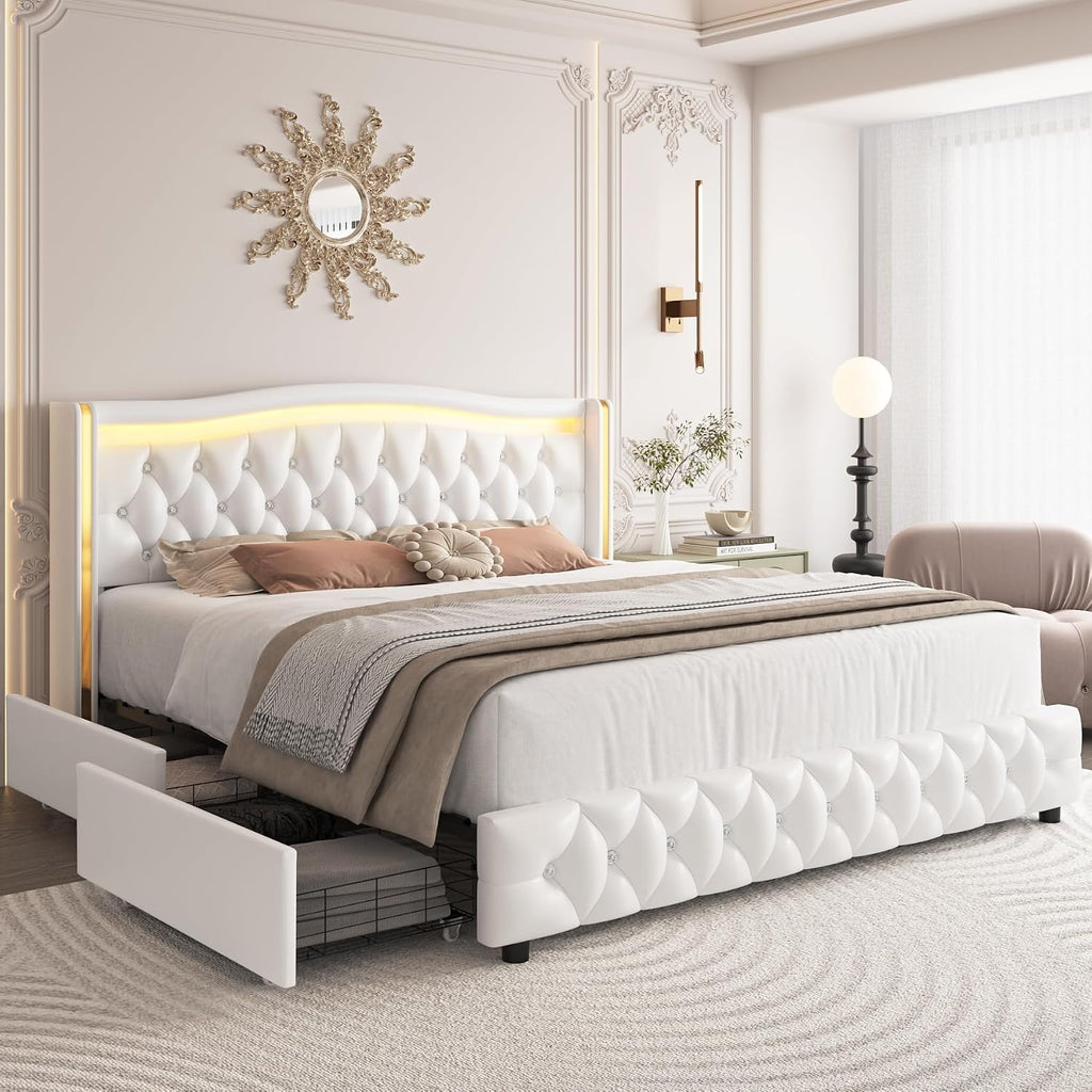 HIFIT Full Size LED Bed Frame with 4 Storage Drawers & Crystal Button-Tufted Wingback Headboard, Modern PU Upholstered Platform Bed Frame with No Box Spring Needed, Easy Assembly, White