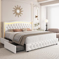 HIFIT Full Size LED Bed Frame with 4 Storage Drawers & Crystal Button-Tufted Wingback Headboard, Modern PU Upholstered Platform Bed Frame with No Box Spring Needed, Easy Assembly, White