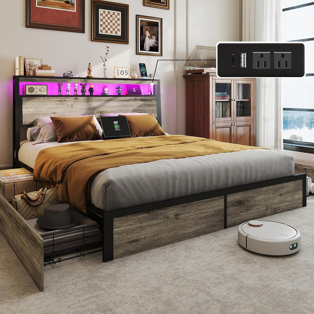 Fabulis Queen Size Bed Frame with 4 Storage Drawers and Headboard with Charging Station and LED Lights,2 Tier Solid Wood Headboard Storage/Noise Free/No Box Spring Needed/Remote Control/Rustic Grey