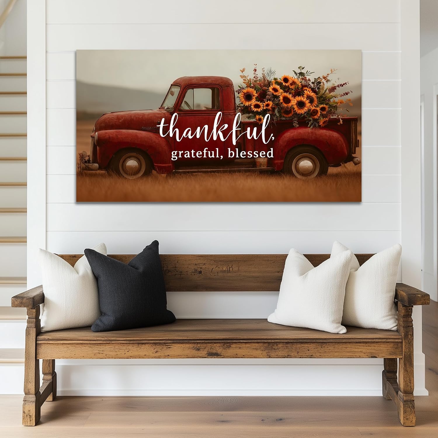 TIMUBA Farmhouse Truck Wall Art, Country Landscape Canvas Artwork, Red Vintage Truck Sunflower Pictures Wall Decor Bedroom, Rustic Truck Floral Painting Prints for Farm Living Room Decor 60x30 Inches