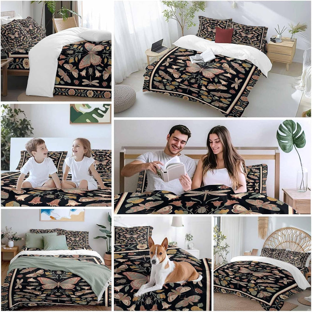 Retro Theme Duvet Cover Set Queen Size 4 Pieces Butterfly Dragonfly Plants Flowers Leaves Black Bedding Set with Zipper Closure, 1 Comforter Cover 90x92 Inches 1 Flat Sheet & 2 Pillow Cases