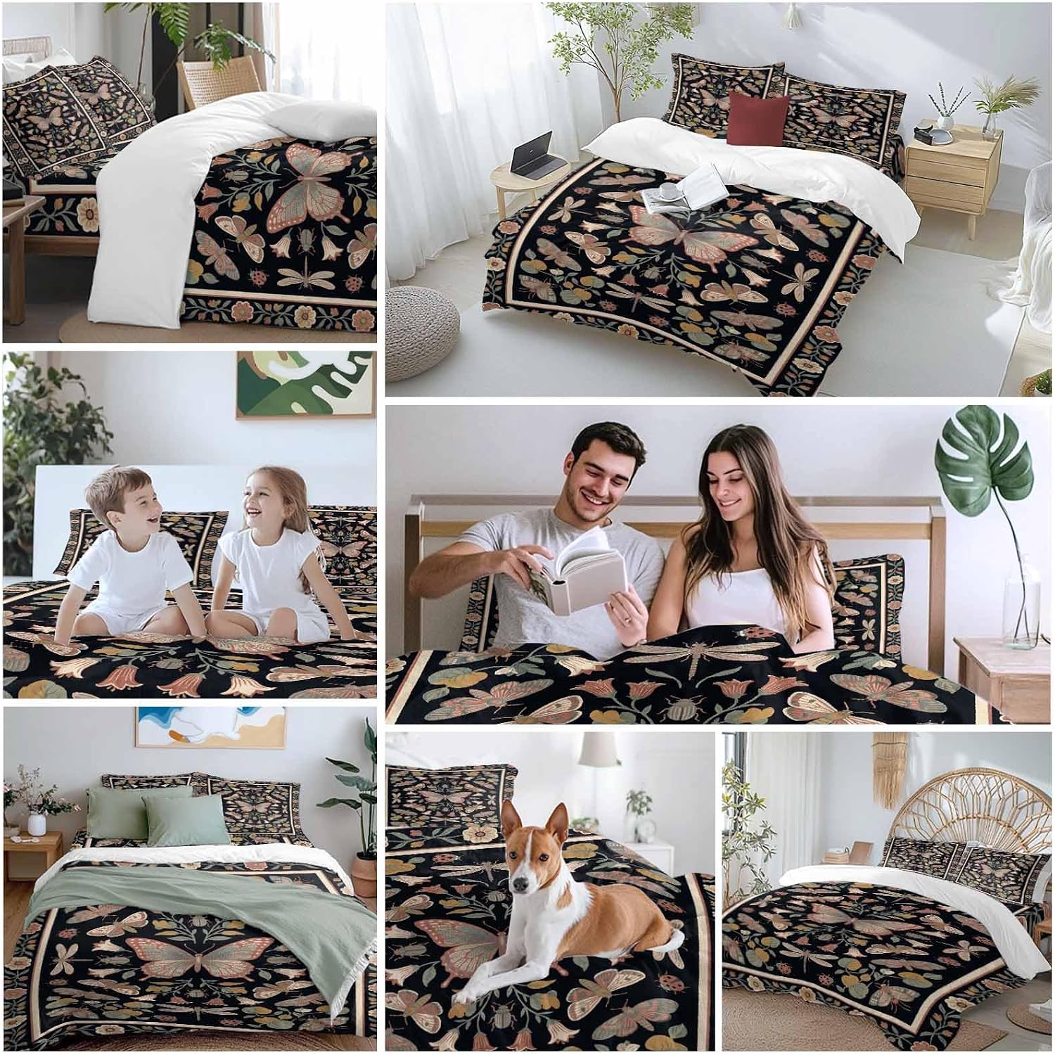 Retro Theme Duvet Cover Set Queen Size 4 Pieces Butterfly Dragonfly Plants Flowers Leaves Black Bedding Set with Zipper Closure, 1 Comforter Cover 90x92 Inches 1 Flat Sheet & 2 Pillow Cases