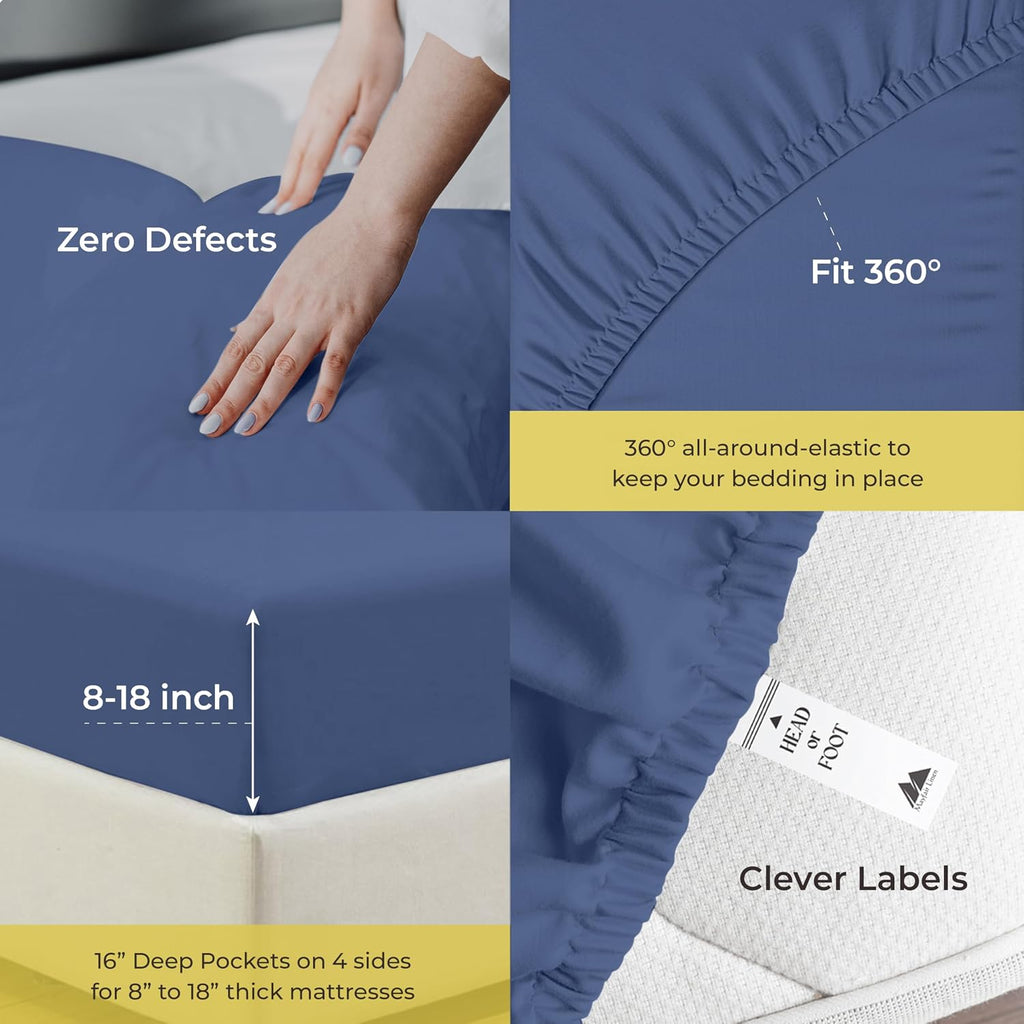 Mayfair Linen 100% Pure Egyptian Cotton Sheet King Size - Luxury 1000 Series Grandiose Collection King Size Sheets Set (4 PC, Deep Blue), 16' Deep Pocket Sateen Weave Soft Cooling Hotel Bed Sheets Set