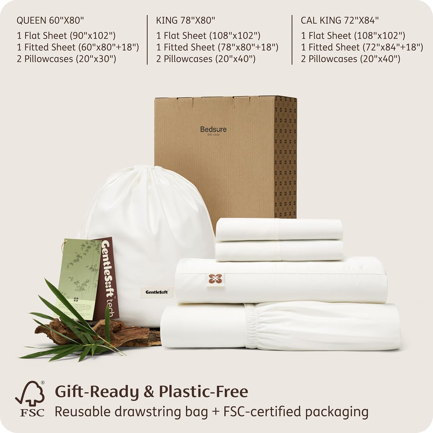 Bedsure 100% Organically Grown Bamboo Viscose King Size Sheets Set | Cooling Bedsheets for Hot Sleepers | Luxury Silky Soft | 18' Deep Pocket with Corner Straps | Oeko-Tex Certified [White]