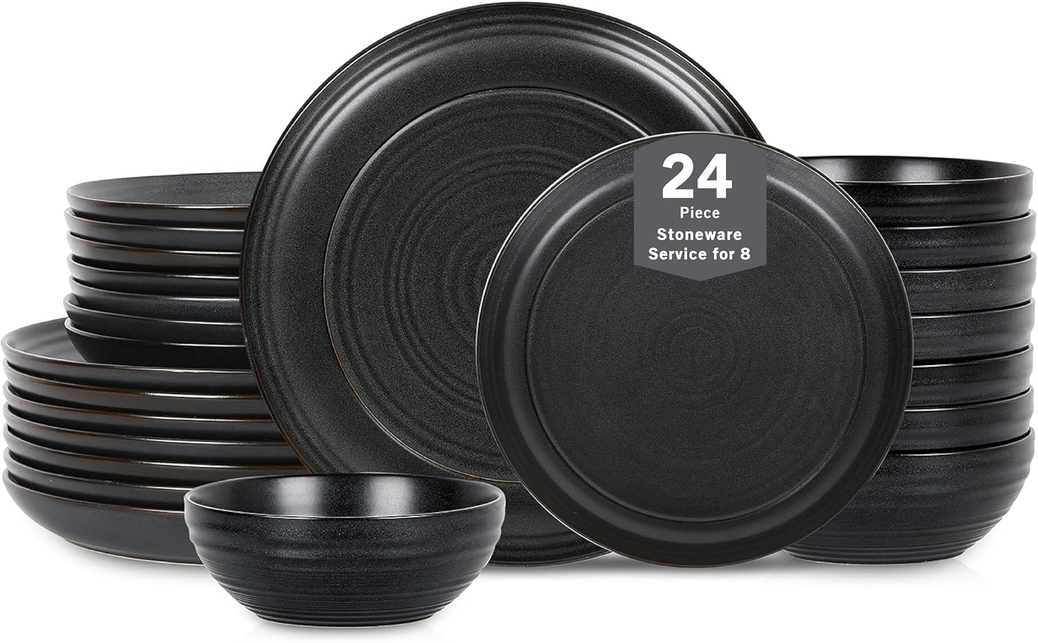 Stone Lain Elio 24-Piece Dinnerware Set Stoneware, Plates and Bowls Set, Dish Set for 8, Black