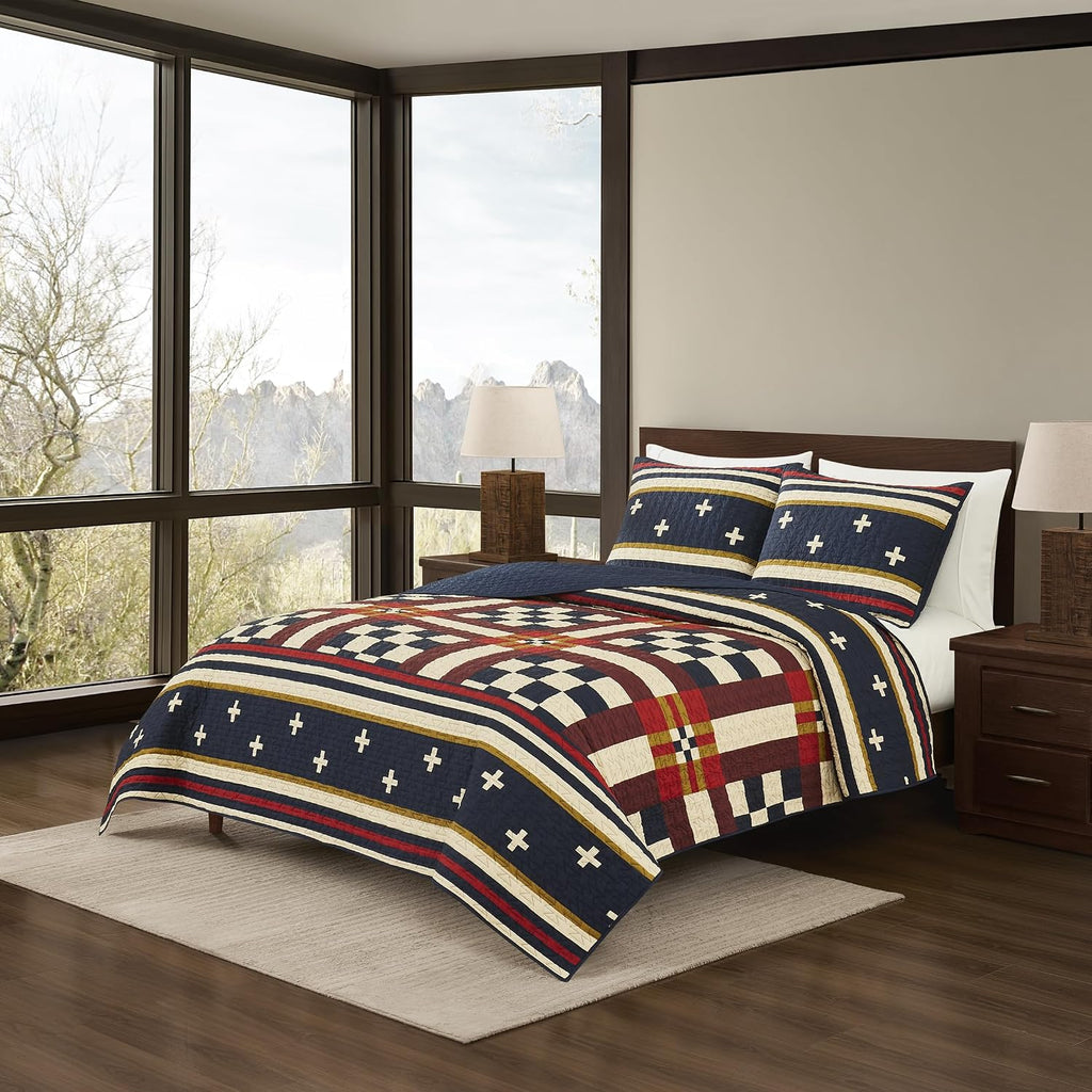 Pendleton Full/Queen Quilt Set – 100% Cotton 3 Piece Quilt Set with Shams, Soft Lightweight Bedding for Queen Size Bed, Blue & Tan Comforter Alternative, Queen Bedding Set (Scout Stripe)