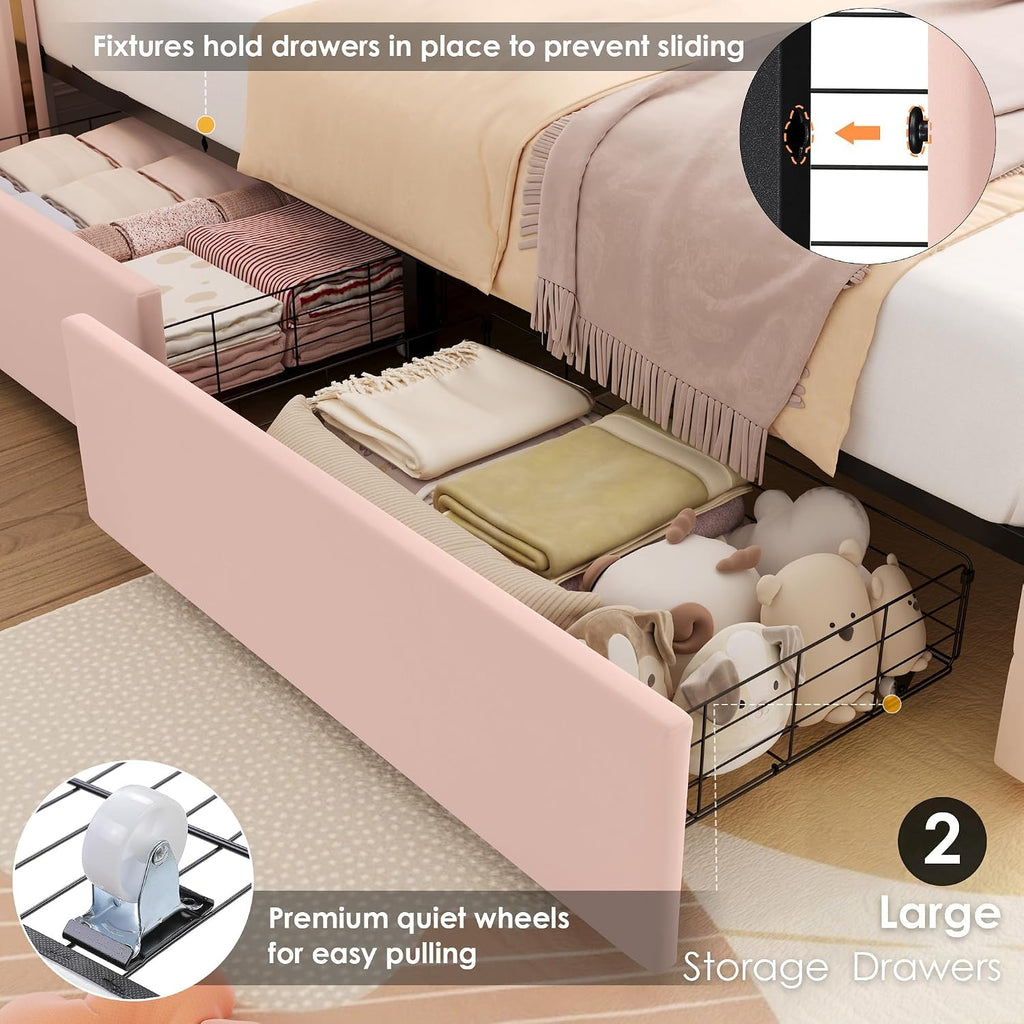 HIFIT Upholstered Twin LED Bed Frame with Crystal Button-Tufted Headboard and 4 Storage Drawers, Velvet Princess Twin Size Platform Bed Frames for Kids/Girls, No Box Spring Needed, Easy Assembly, Pink