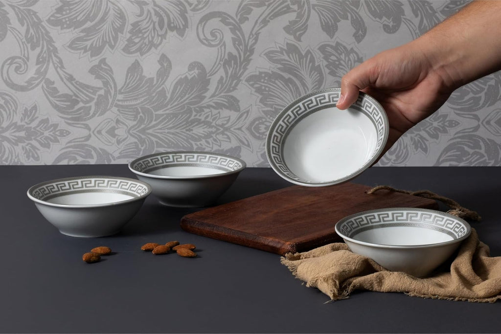 32 Piece Porcelain Dinnerware Sets for 8 – White Plates and Bowls with Silver Greek Key Design - Dish Set for Kitchen Table, Everyday Dining or Formal Occasions (Meander Silver)