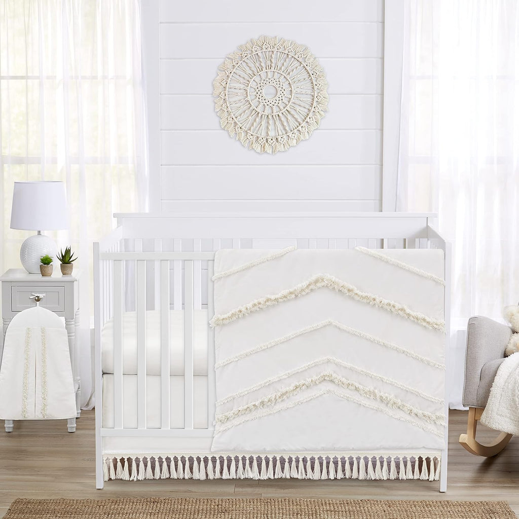 Sweet Jojo Designs 4-Piece Baby Crib Bedding Set (100% Cotton Ivory Boho) for Boys or Girls, Infants/Nursery incl. Blanket, Fitted Sheet, Skirt, Diaper Stacker (Neutral Bohemian, Farmhouse Minimalist)