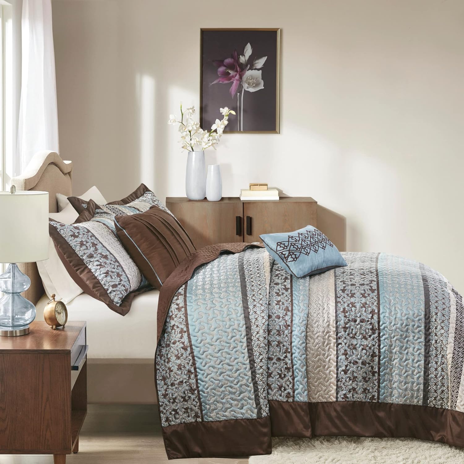 Madison Park Princeton Reversible Quilted Bedspread Set, Solid Reverse Summer Breathable, Lightweight All Season Bedding Layer, Matching Shams, Bedspread Queen(102'x118'), Blue 5 Piece