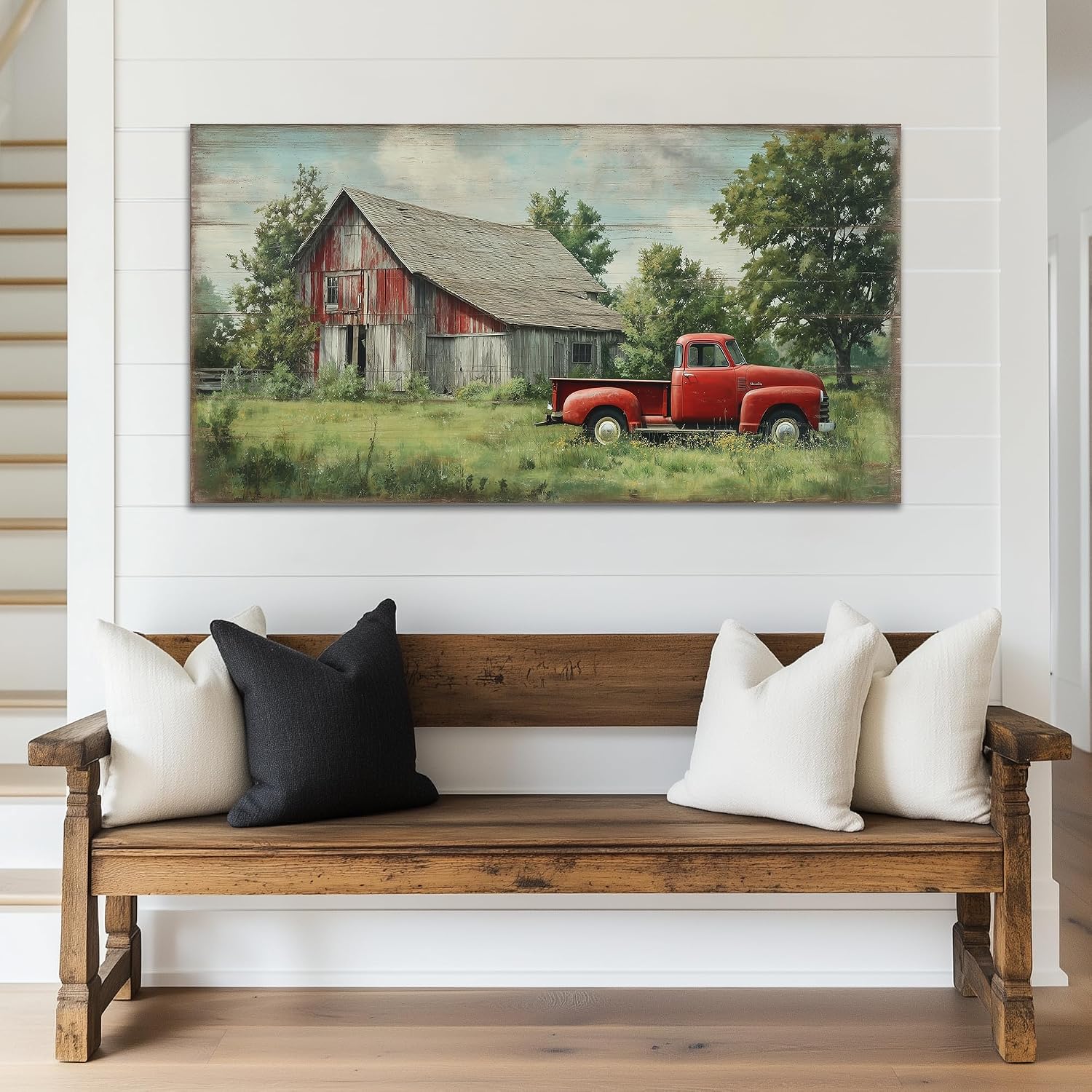TIMUBA Rustic Farmhouse Truck Wall Art, Spring Farmhouse Canvas Wall Art Country Landscape Painting, Vintage Red Truck and Old Barn Pictures Wall Decor, Green Tree Artwork for Living Room 60x30 Inches