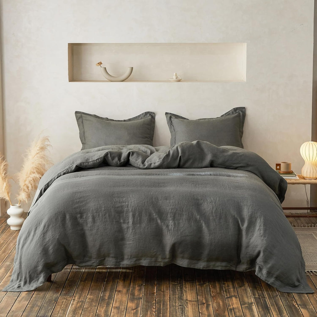 Simple&Opulence 100% Linen Duvet Cover Set with Crossed Embroidery Washed - 3 Pieces (1 Duvet Cover with 2 Pillow Shams) Soft Breathable Farmhouse - Cushing Green, Queen Size