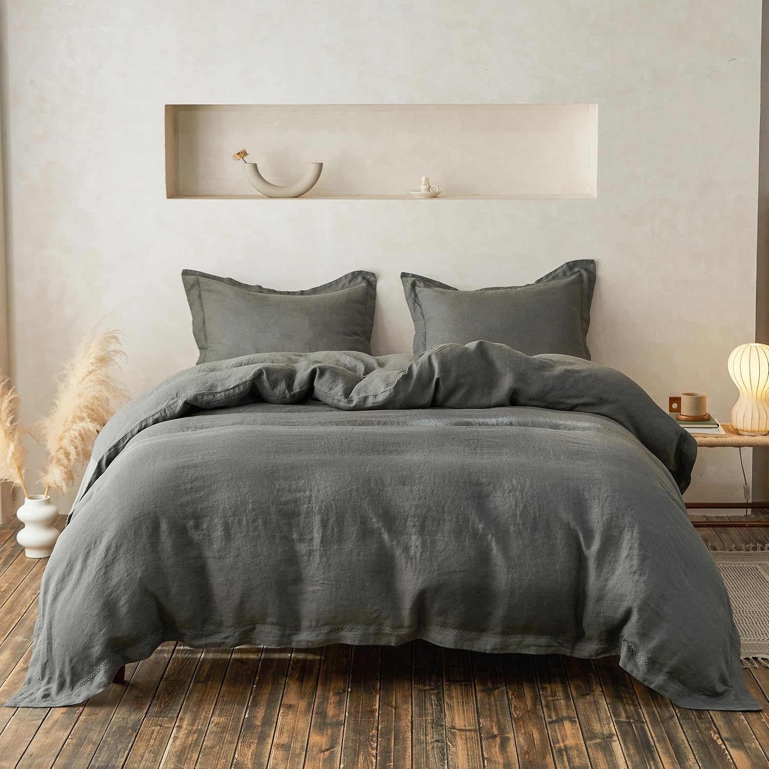 Simple&Opulence 100% Linen Duvet Cover Set with Crossed Embroidery Washed - 3 Pieces (1 Duvet Cover with 2 Pillow Shams) Soft Breathable Farmhouse - Cushing Green, Queen Size