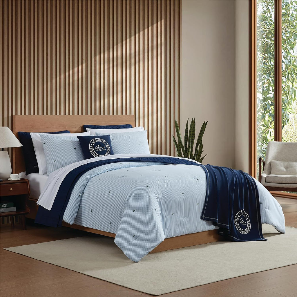 Lacoste Pinstripe Croc Comforter Set, 100% Percale Cotton 180TC, Breathable All Season Bedding with Embroidered Crocodile Logo, Blue, King