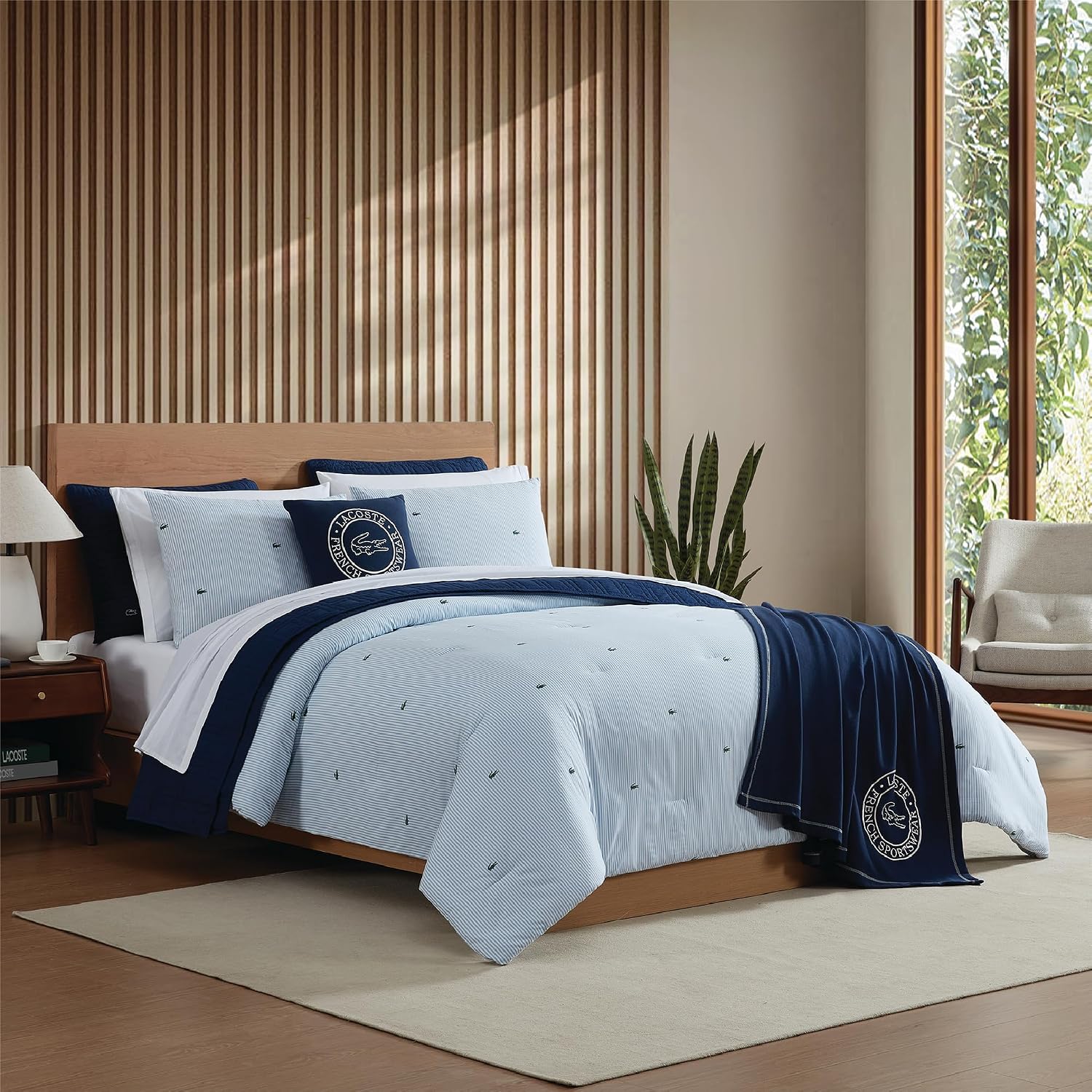 Lacoste Pinstripe Croc Comforter Set, 100% Percale Cotton 180TC, Breathable All Season Bedding with Embroidered Crocodile Logo, Blue, King