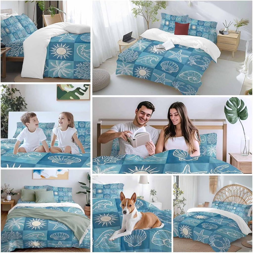 Prime Leader Blue Coastal Duvet Cover Set Queen Size 4 Pieces Summer Ocean Waves Shell Crab Coconut Tree Bedding Set with Zipper Closure, 1 Comforter Cover 86x86 Inches 1 Flat Sheet & 2 Pillow Cases