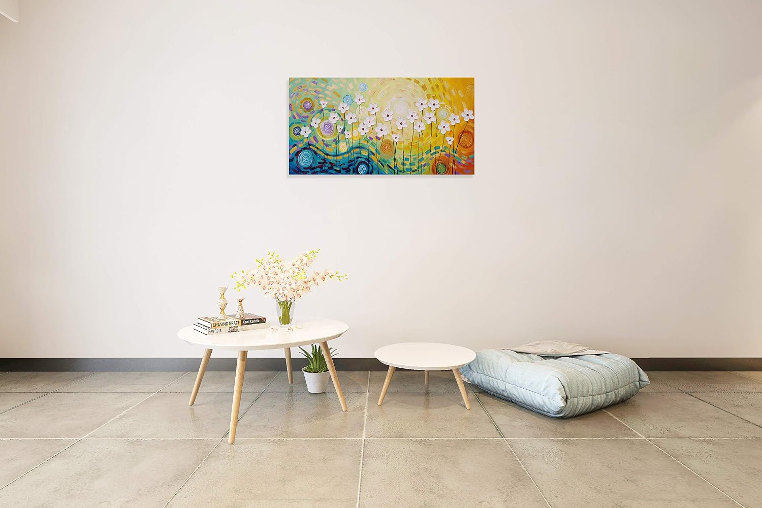 Yihui Arts Hand-Painted Textured Floral Wall Art, Vibrant Abstract Flower Canvas Painting with Thick Textures, Modern Boho Decor for Living Room Bedroom, Colorful Blooming Daisy Artwork