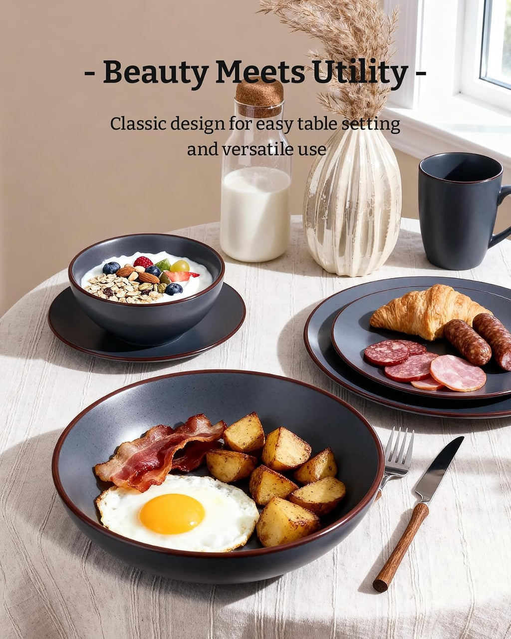 Famiware Venus 16-Piece Stoneware Dinnerware Sets with Mugs, Plates, Bowls, Service for 4, Matte Charcoal - Modern Ceramic Chip‑Resistant Dishes for Everyday & Formal Use, Microwave & Dishwasher Safe