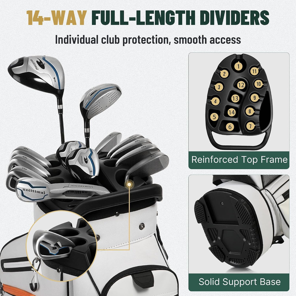 uniHimal Golf Cart Bag with 14-Way Full-Length Dividers, Golf Bag for Men Women with Magnetic Leather Pocket, Handles and Rain Cover, Lightweight Golf Club Bag Includes Cooler Pockets