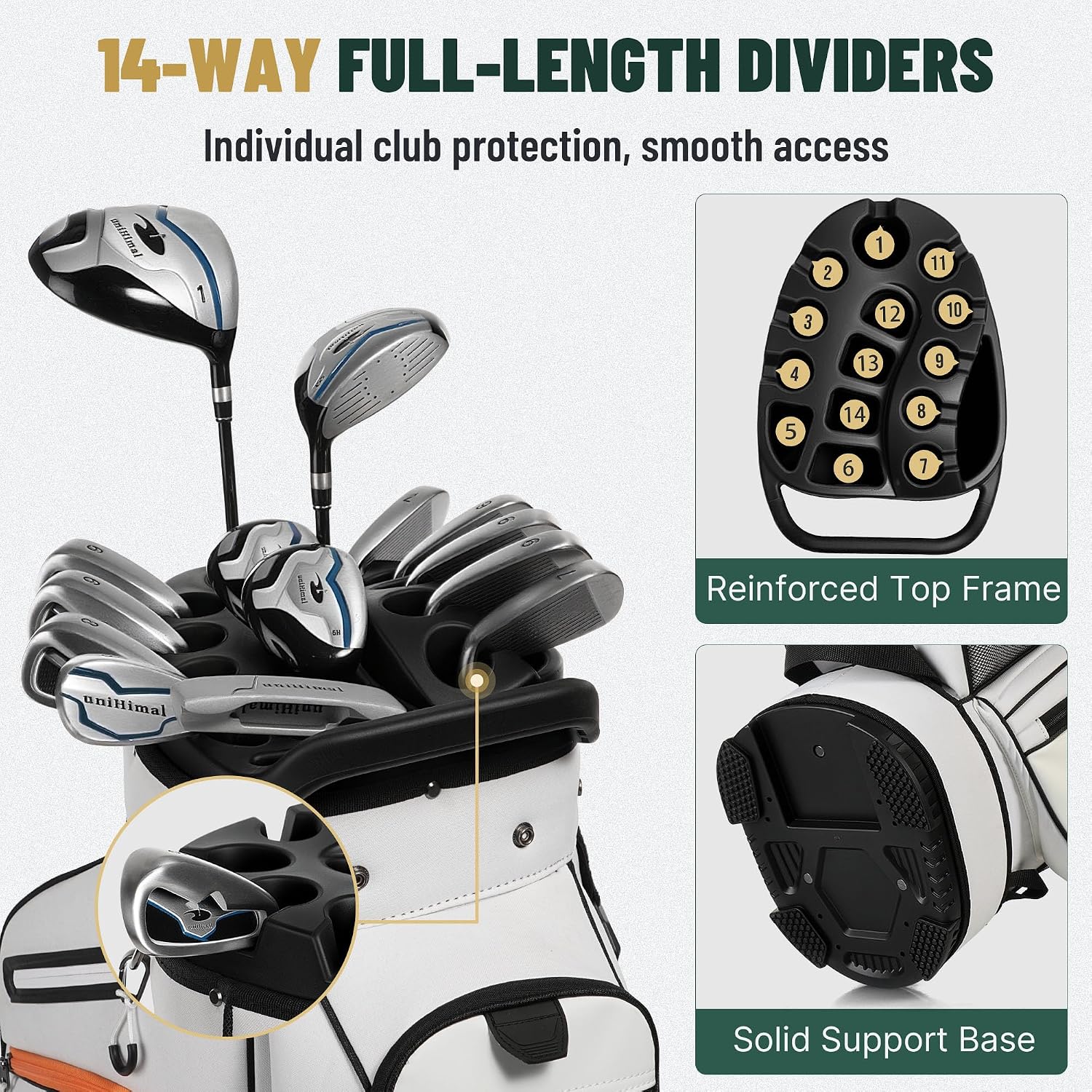 uniHimal Golf Cart Bag with 14-Way Full-Length Dividers, Golf Bag for Men Women with Magnetic Leather Pocket, Handles and Rain Cover, Lightweight Golf Club Bag Includes Cooler Pockets