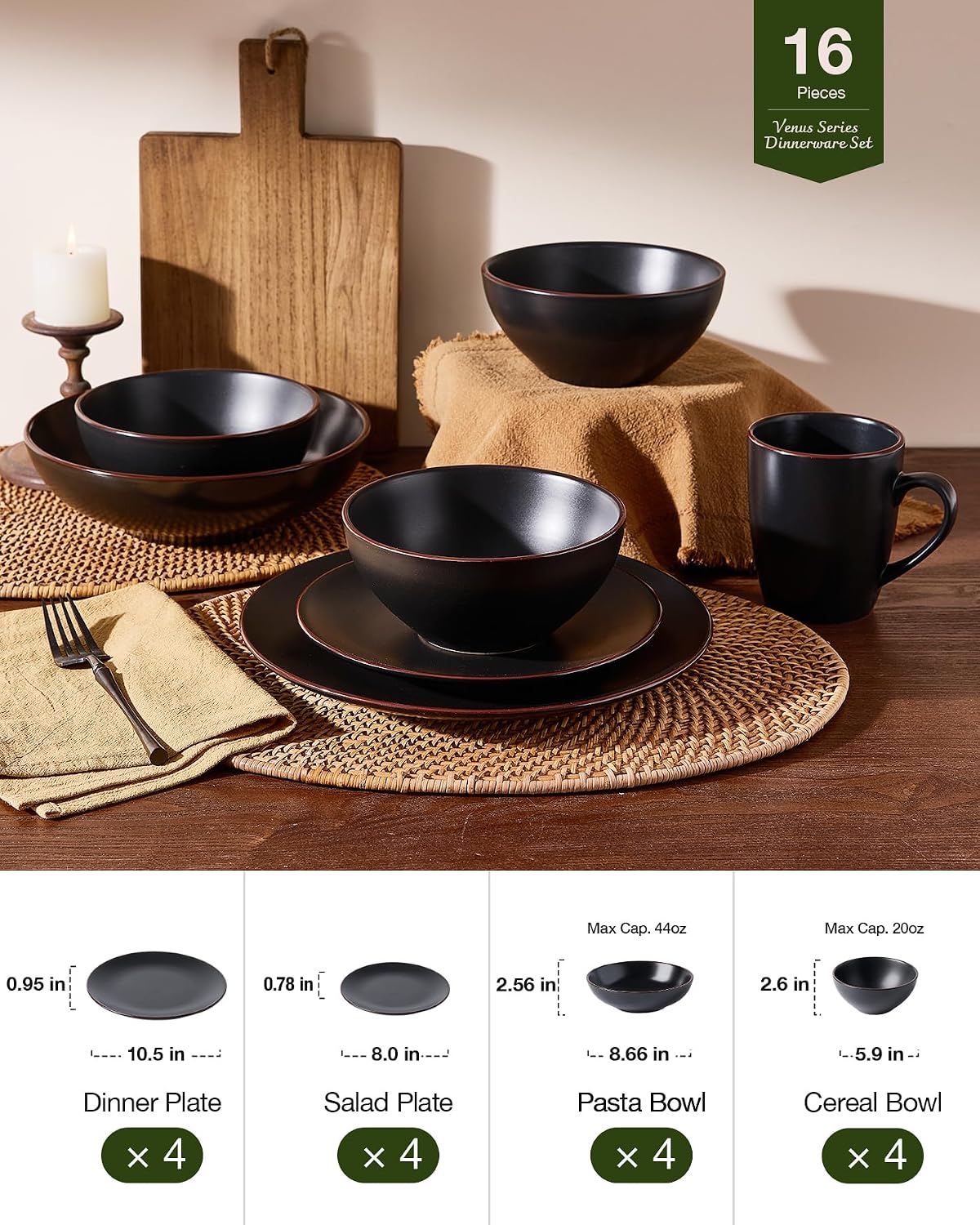 Famiware Venus Stoneware Dinnerware Sets with Pasta Bowls for 4, 16-Piece Plates and Bowls with Trim, Matte Black - Chip‑Resistant Ceramic Dish Set for Everyday & Formal Use, Microwave/Dishwasher Safe