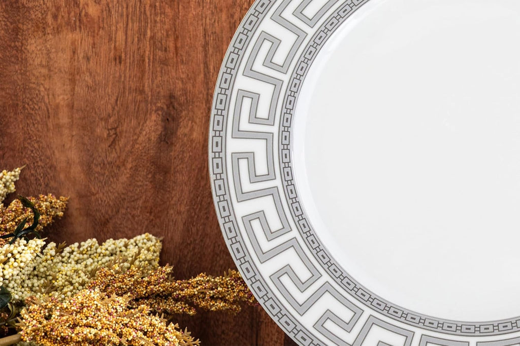 32 Piece Porcelain Dinnerware Sets for 8 – White Plates and Bowls with Silver Greek Key Design - Dish Set for Kitchen Table, Everyday Dining or Formal Occasions (Meander Silver)