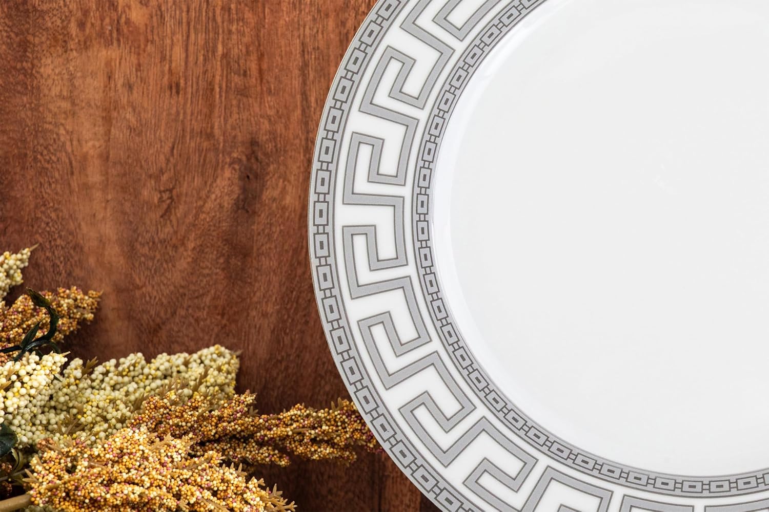 32 Piece Porcelain Dinnerware Sets for 8 – White Plates and Bowls with Silver Greek Key Design - Dish Set for Kitchen Table, Everyday Dining or Formal Occasions (Meander Silver)