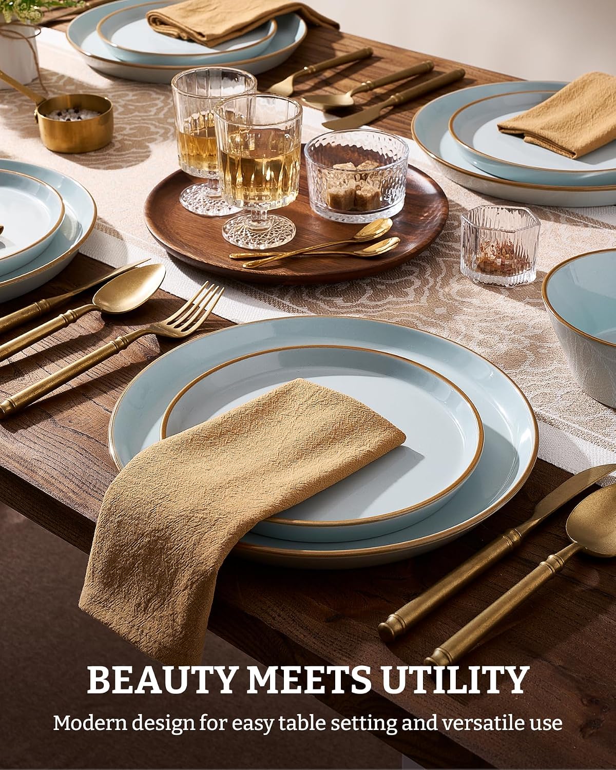 Famiware Saturn Stoneware Dinnerware Sets for 8 (24 Pieces), Ceramic Plates and Bowls Dish Sets with Hand-Painted Trim - Chip & Scratch Resistant, Microwave & Dishwasher Safe Tableware, Light Blue