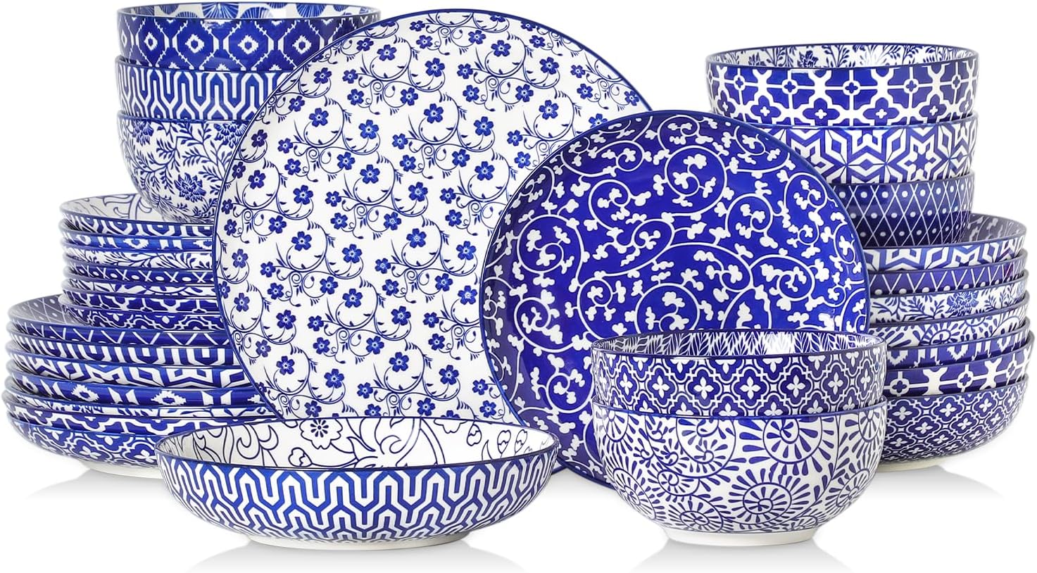 Selamica Ceramic Plates and Bowls Sets,32 Pieces Dinnerware Sets for 8,Scratch Resistant Dish Set for family gathering,Dishwasher & Microwave Safe, Vintage Blue