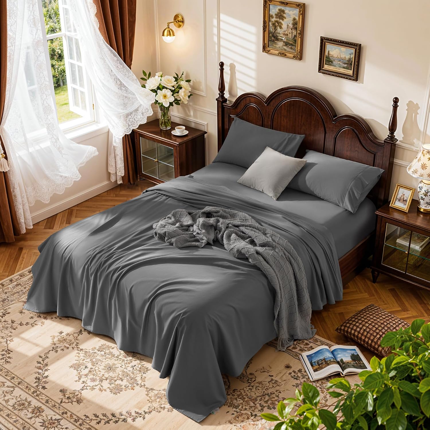 LBRO2M 100% Cotton Sheets Set Deep Pocket 24', 1000 Thread Count Full Size 4 Piece Bed Sheet Sets Soft Comfortable Bedding All Season (Full, Dark Gray)