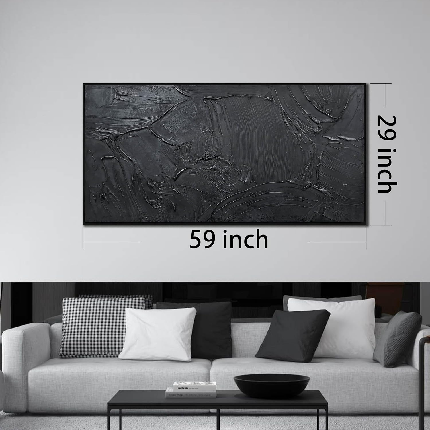 HUBOSKN Black Abstract Hand Painted Wall Art for Living Room - Minimalist Large Canvas Wall Art for Office - Frames Wall Decor Bedroom Size 29' x 59'
