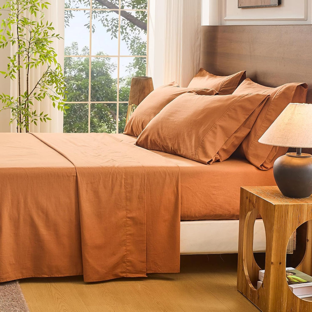 Bedlifes 100% French Flax Linen Sheets Set Queen Size - 6 Piece Extra Deep Pocket 18-24',Soft Breathable Queen Bed Sheets with Temperature Regulating & Moisture-Wicking(Brown