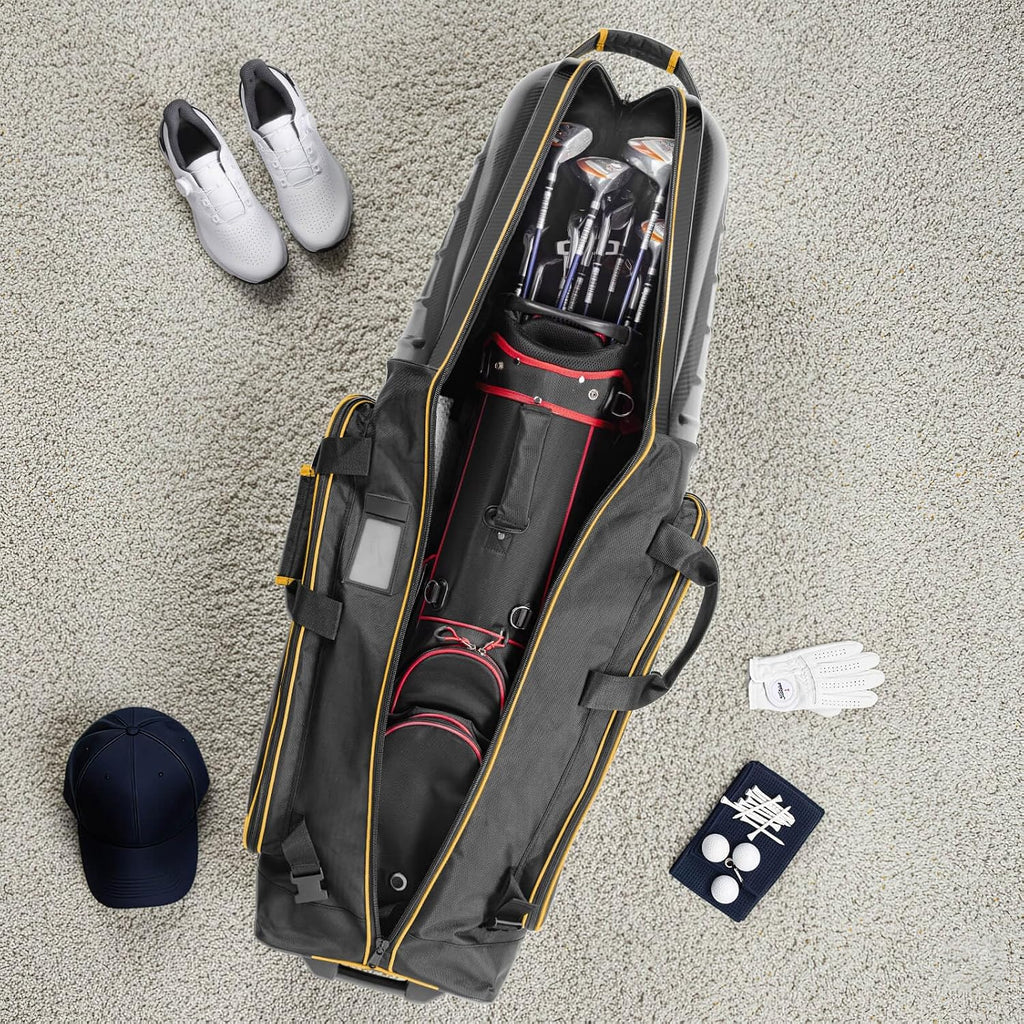 Golf Travel Bags for Airlines with Carbon Fiber Hard Top, Protective Club Traveling Cover with Wheel, Golf Club Carrier Case for Airplanes, Thick Padding, Durable Zippers and 2 Sided Spacious Pockets