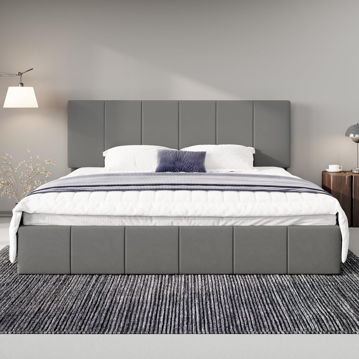 Allewie King Size Dutch Velvet Upholstered Platform Bed Frame/Vertical Channel Tufted Adjustable Headboard/Low Profile Bed Frame/No Box Spring Needed/Easy Assembly/Grey