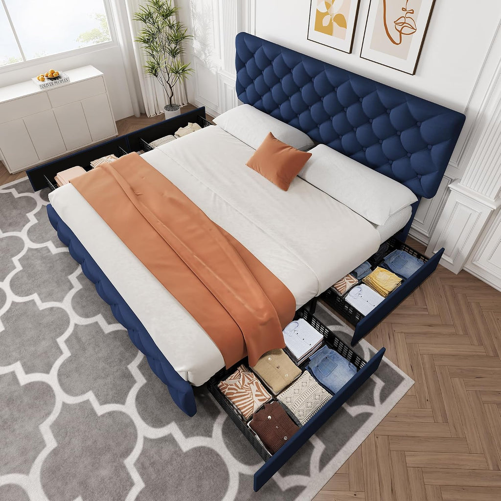 IDEALHOUSE King Size Bed Frame with 4 Storage Drawers and Adjustable Headboard, Linen Upholstered Platform Beds, Diamond Stitched Button Tufted, No Box Spring Needed, Blue