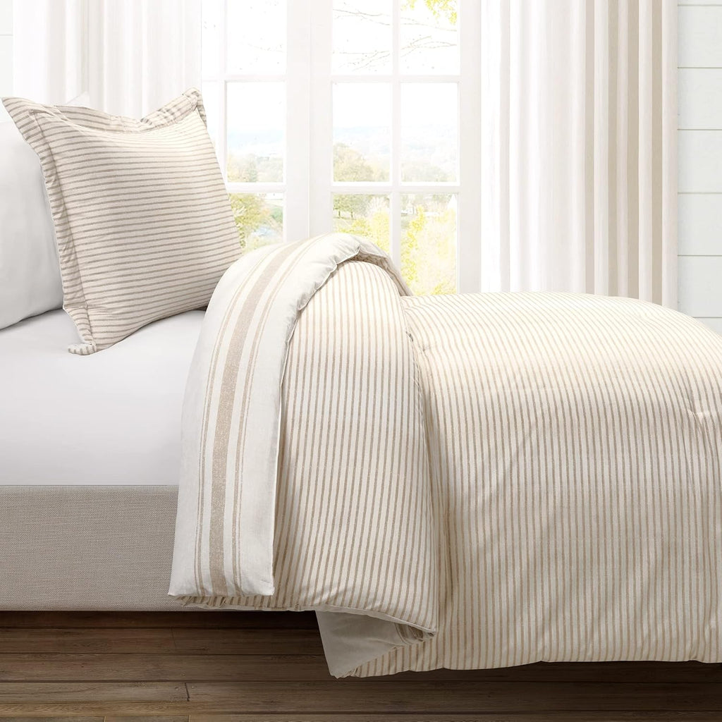 Lush Decor Farmhouse Stripe Reversible Cotton Comforter Set, 2-Piece, Twin XL Neutral - Twin Bedding Set - Dorm Decor - Striped Comforter for Farmhouse Bedroom Decor