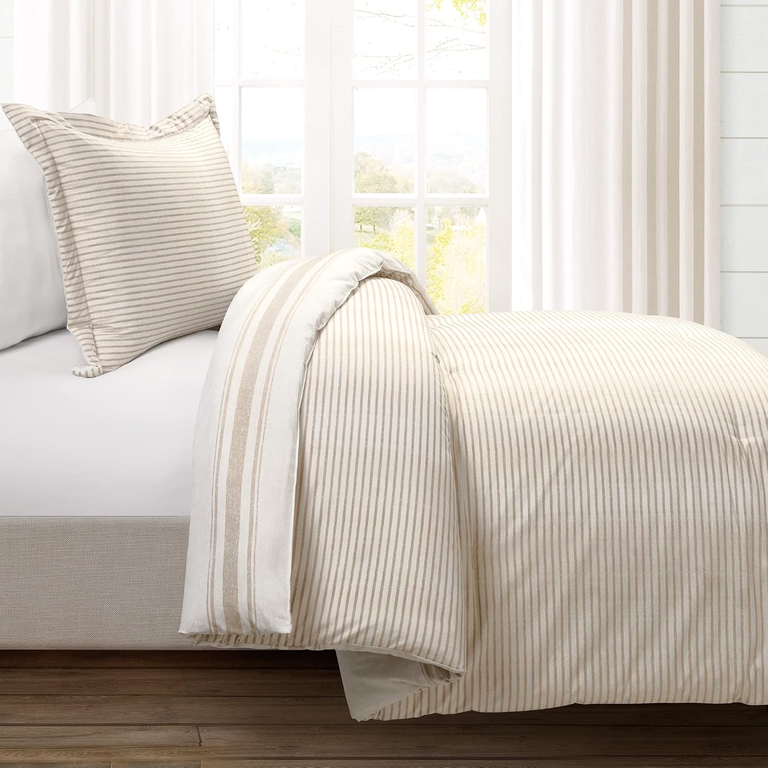 Lush Decor Farmhouse Stripe Reversible Cotton Comforter Set, 2-Piece, Twin XL Neutral - Twin Bedding Set - Dorm Decor - Striped Comforter for Farmhouse Bedroom Decor